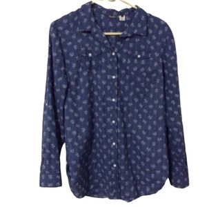 EDDIE BAUER Blue Button Down SHIRT With White Flowers SIZE Large